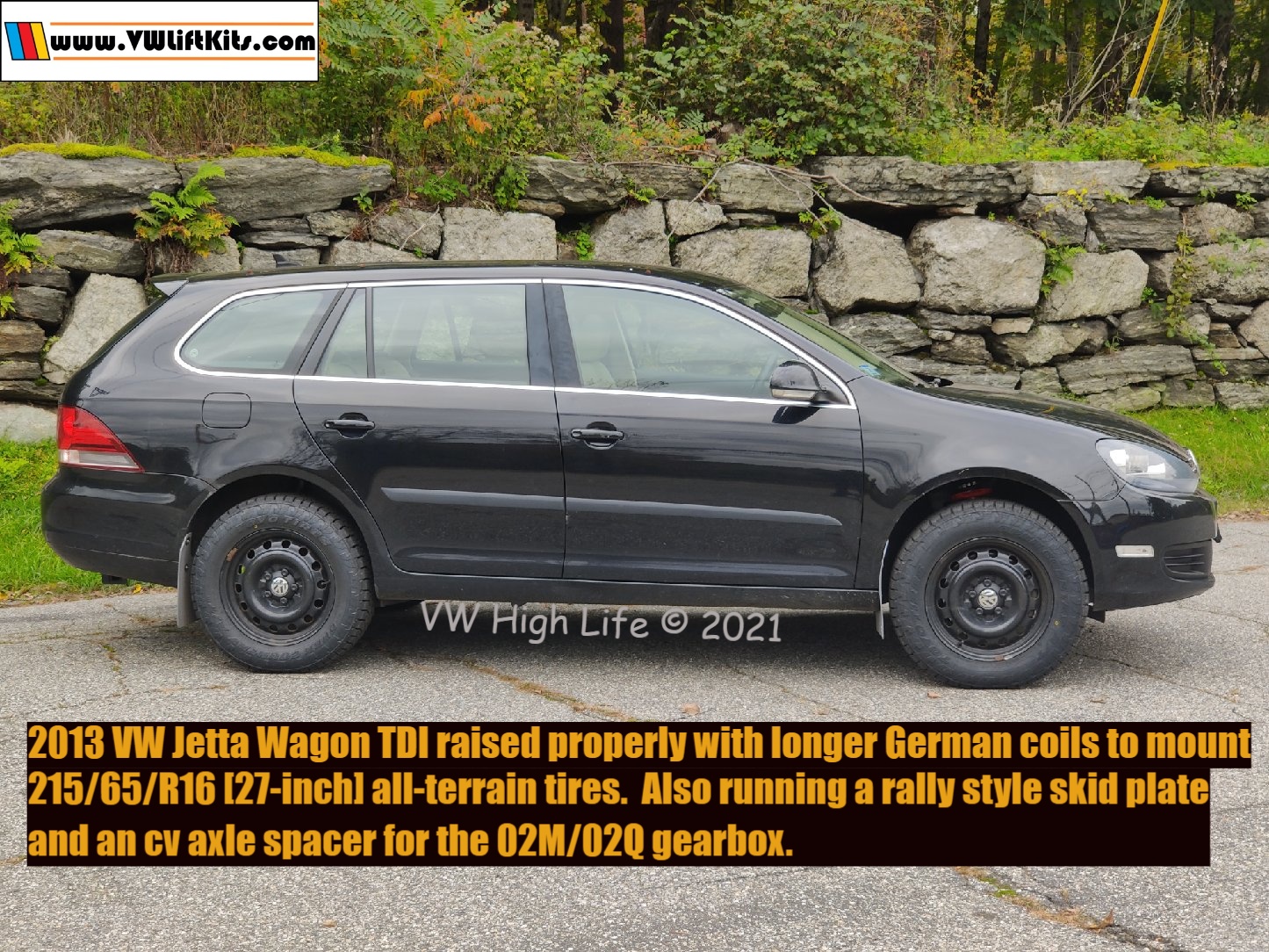 This 2013 Jetta Wagon is lifted using longer coils and shocks, an axle spacer to run 27-inch tires.